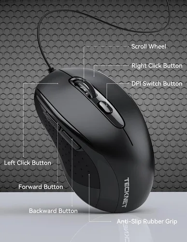 Vista 2 de TECKNET Ratón con Cable, Ratones de Computadora con Cable USB, 3600DPI 4 Niveles Ajustables, Ratón Ergonómico de 6 Botones para Laptop PC Desktop