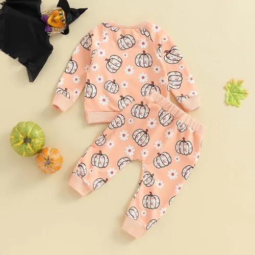 Vista 4 de Conjunto de sudadera de calabaza para niñas pequeñas de Halloween y pantalones cálidos, ropa de otoño e invierno