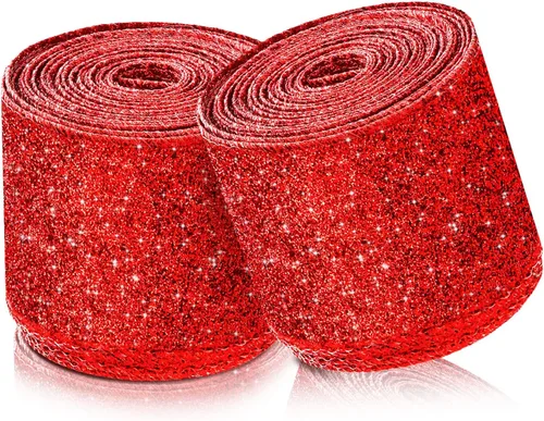 Vista 9 de 2 rollos de cinta de Navidad de 20 yardas con purpurina metálica con borde de alambre, cintas decorativas de tela para envolver fiestas, decoración