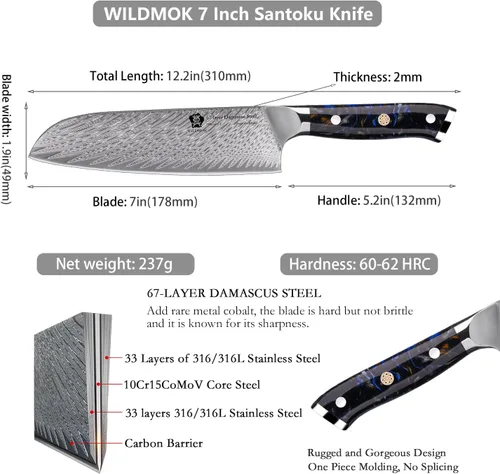 Vista 2 de WILDMOK Cuchillo Santoku, cuchillo de cocina japonés forjado de damasco de 7 pulgadas, cuchillo de cortar profesional, diseño de mango afilado