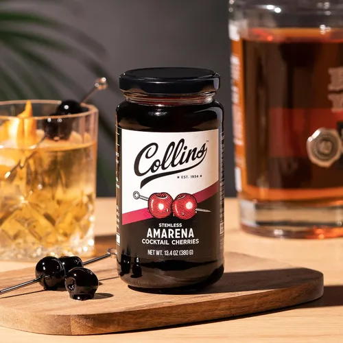 Vista 5 de Collins Amarena Cherries - Guarnición de cóctel prémium para cócteles, mezclas antiguas, cerezas italianas, tarro de cereza agria dulce de 13.4 onzas