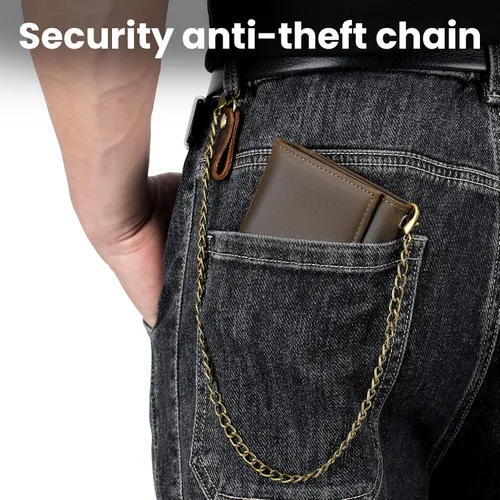 Vista 7 de BAIGIO Billetera de cuero genuino con cadena para hombre, con bloqueo RFID, triple pliegue, regalo para el padre
