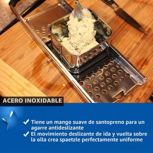 Vista 8 de Spaetzle Maker de acero inoxidable de alta calidad con mango de agarre cómodo, colador de araña de acero inoxidable, cuchara espumadora, colador