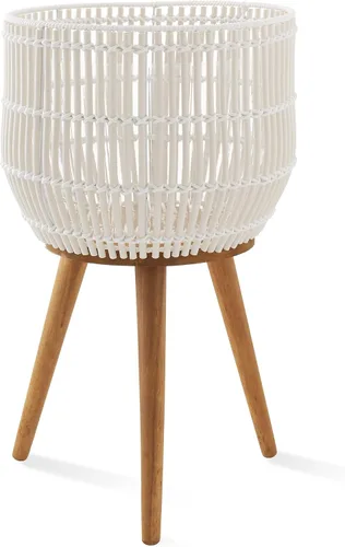 Vista 8 de Maceta Casafield para Interior con Soporte, Maceta de Piso Negra con Patas de Madera, Gran Cubierta de Maceta con Forro para Plantas de Casa