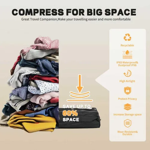 Vista 5 de Bolsas de vacío reutilizables para viajes, bolsa de compresión al vacío profesional impermeable IPX8 para maletas, mochilas, bolsas ahorradoras