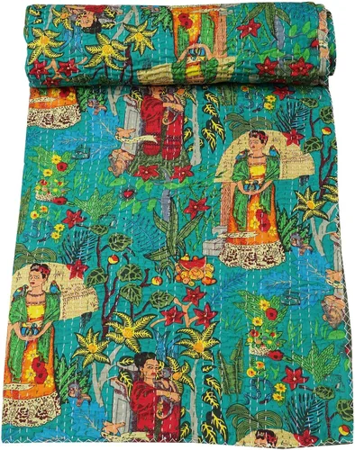 Vista 15 de Marubhumi Colcha de algodón puro Kantha con diseño tradicional indio de Farida (beige, individual (60 x 90 pulgadas)