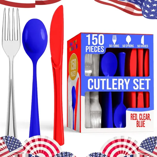 Vista 23 de Party Solids Cubiertos de plástico negro resistente, 150 piezas, cubiertos desechables negros, juegos de utensilios, 50 de cada tenedor, cuchillos