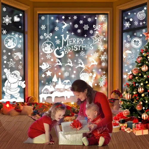 Vista 8 de 236 adhesivos de Navidad para ventana, 9 hojas de calcomanías de doble cara con copos de nieve, calcomanías de decoración navideña de muñeco
