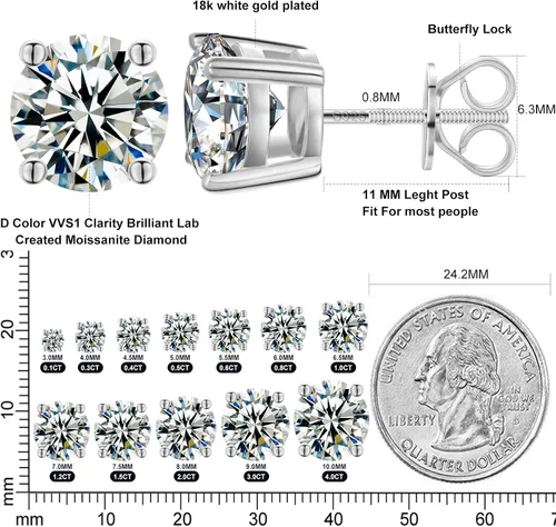 Vista 4 de Moissanite Stud Earrings Screw Back 3-10mm 0.2ct-8.0ct 18K White Yellow Rose Gold Plated S925 Sterling Silver Round Cut D Color VVS1 Lab Created