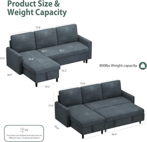 Vista 2 de Shintenchi Sofá cama, sofá cama extraíble, sofá cama extraíble 2 en 1 con diván de almacenamiento para sala de estar, sofá cama, sofás, sofá