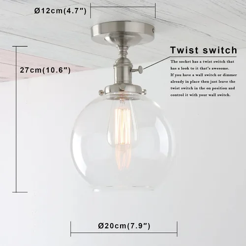 Vista 2 de PERMO Lámpara de techo vintage con 1 lámpara colgante con cristal transparente de globo de 7.9 pulgadas (cepillado)