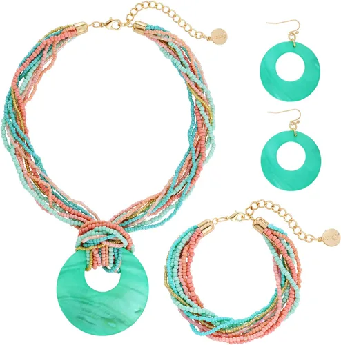 Vista 22 de Coiris Collar de varias vueltas con cuentas coloridas y gran colgante de concha circular para mujer Negro