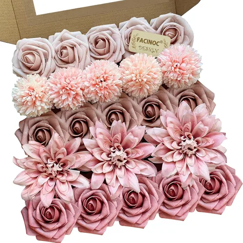 Vista 20 de FACINOC Juego de ramos de flores artificiales de rosas artificiales para bricolaje, decoración de despedida de soltera, arreglos florales falsos