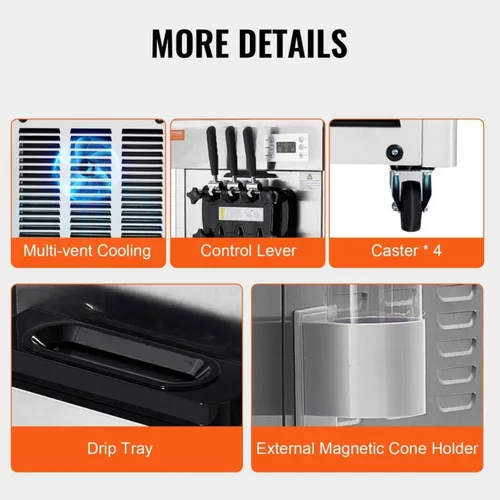Vista 7 de Máquina comercial de helado de servicio suave de 1850 W, 3 sabores, 5.5-8.2 galones/hora, limpieza automática, panel LCD, acero inoxidable