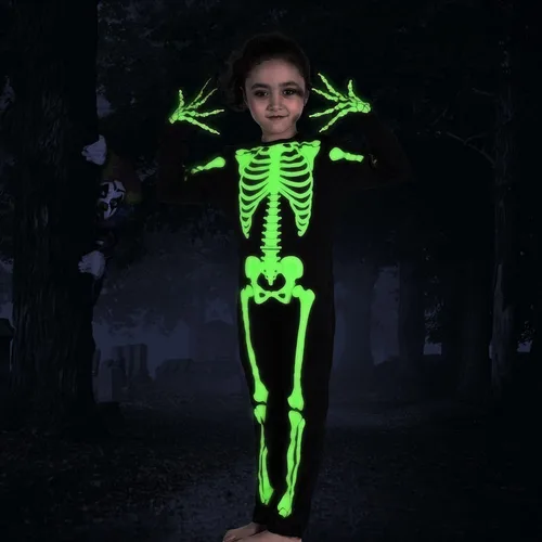 Vista 3 de Disfraz de esqueleto para niños, disfraz de Halloween que brilla en la oscuridad, huesos blancos, traje de cuerpo elástico para niños y niñas