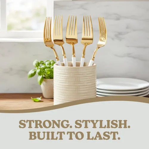 Vista 3 de Blue Sky Infinity Flatware - Tenedores de cena dorados y blancos, 20 unidades, cubiertos de plástico desechables elegantes para eventos y fiestas