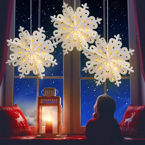 Vista 3 de Mudder 3 linternas de copo de nieve de papel de Navidad con 5 luces LED de 23.6 pulgadas, lámparas colgantes blancas 3D de copo de nieve