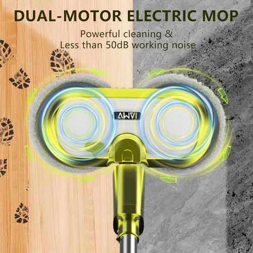 Vista 4 de VMAI Trapeador eléctrico inalámbrico, trapeador eléctrico giratorio con faro LED y rociador de agua, hasta 60 minutos, potente limpiador de suelos