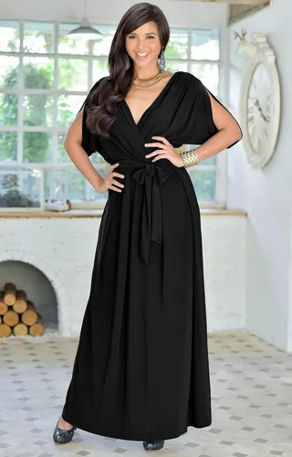 Vista 4 de KOH KOH Vestido largo semiformal de manga corta con cuello en V hasta el suelo para mujer