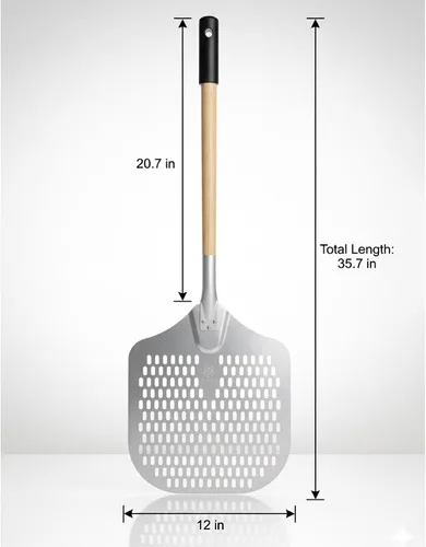 Vista 6 de Pala de pizza de aluminio de 14 x 12 pulgadas con mango de madera de haya desmontable Paleta perforada antiadherente de metal para lanzar, girar