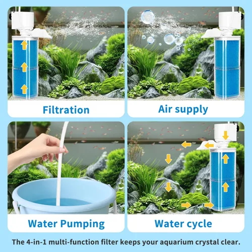 Vista 5 de Filtro de acuario 4 en 1, filtros de tanque de peces de filtración de 2 etapas, filtro sumergible ultra silencioso con ondas de oxigenación