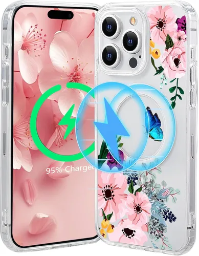 Vista 27 de Funda magnética de flores para iPhone 15 [compatible con MagSafe] Bonito patrón floral transparente a prueba de golpes