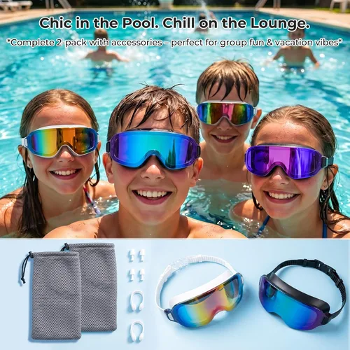 Vista 9 de Aegend Gafas de natación para adultos, paquete de 2 unidades, sin marco, 180°, visión amplia, antiniebla, UV, a la moda, para hombres y mujeres