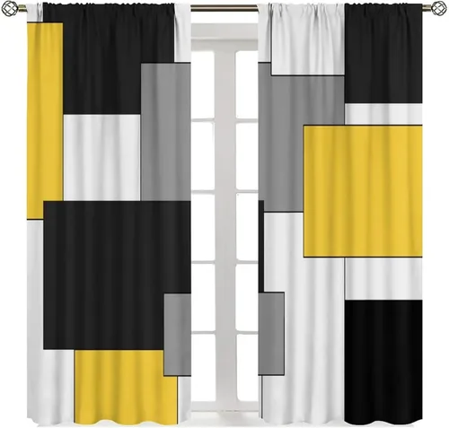 Vista 23 de Cortinas degradadas grises y negras, con textura geométrica moderna abstracta para cocina, dormitorio, sala de estar, juegos de 2 paneles