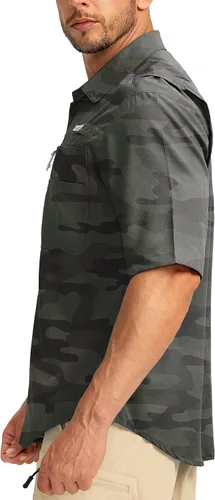 Vista 2 de Camisas de pesca para hombre con bolsillos con cremallera, UPF 50+, ligeras, frescas, de manga corta, con botones, para hombre, casual, senderismo