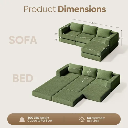 Vista 2 de Sofá modular sin hueso en forma de L, sofá cama convertible con 3 almohadas, no requiere montaje, ahorro de espacio para apartamento pequeño Verde