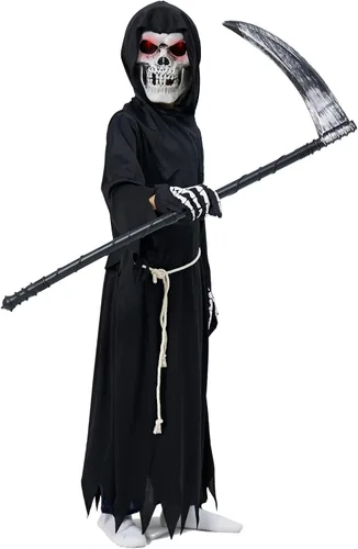 Vista 2 de Grim Reaper Halloween Costume for Kids Scream Costume with Light Up Red Eyes