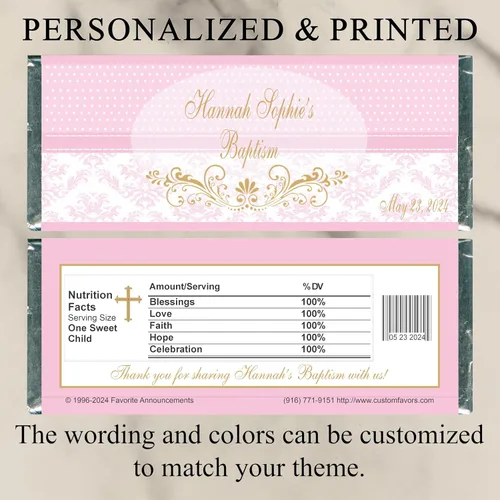 Vista 2 de Baptism Pink Polka Dot and Damasco Candy Bar Wrappers - Juego de 12 unidades (W728) (WR43)