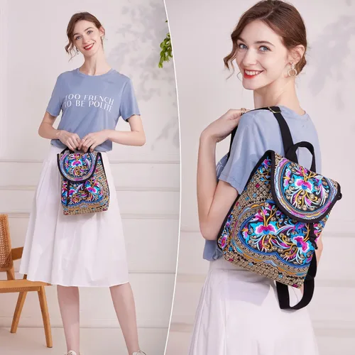 Vista 6 de MAZEXY Mochila bordada para mujer, bolso de hombro bohemio, bolso cruzado de flores étnicas vintage, Zafiro rojo, Causal