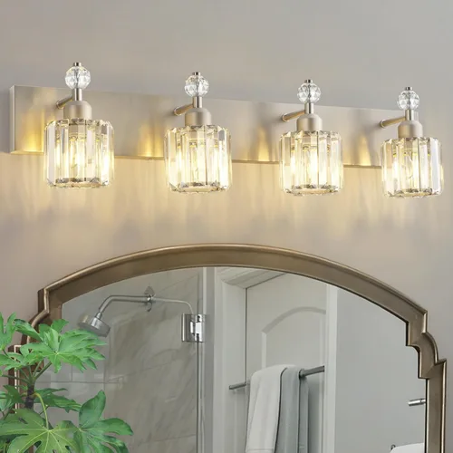 Vista 12 de PRESDE Aplique de pared de cristal único, lámpara de tocador cromada moderna, lámpara de pared de 1 luz para baño, dormitorio, pasillo