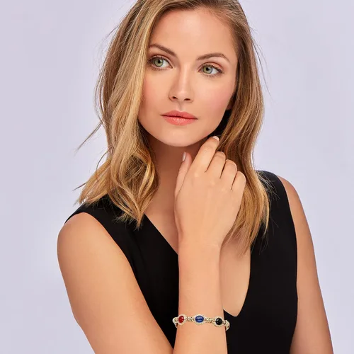 Vista 2 de Ross-Simons Black Onyx, Lapis and Orange Agate Station Bracelet in 18kt Gold Over Sterling