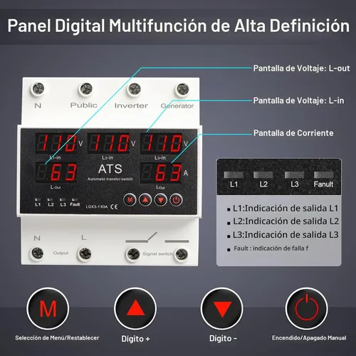 Vista 3 de Interruptor de Transferencia Automática ATS 4P 63A 110V - Selector de Fase de Prioridad L1, 50/60Hz, Montaje en Riel DIN, Certificado CE para Uso