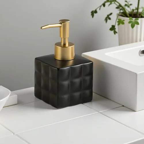 Vista 7 de Dispensador de jabón negro y dorado, acabado mate de cerámica, diseño retro con base cuadrada para encimera de fregadero de baño, dispensador
