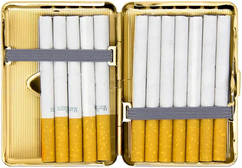 Vista 4 de Juego de 2 cajas de cigarrillos compactas chapadas en metal tamaño King con bandas elásticas (oro ovalado)