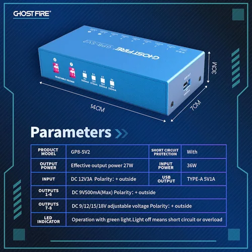 Vista 6 de GHOSTFIRE Fuente de alimentación de pedal verdaderamente aislada con 8 salidas de CC, GP8-SV2 27W Pedal Power Supply with 8 DC Outputs（2