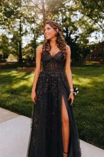 Vista 8 de Kncpti Vestidos de fiesta con tirantes delgados para mujer, apliques de encaje, hombros descubiertos, tul sexy, dividido, largo, formal, vestidos