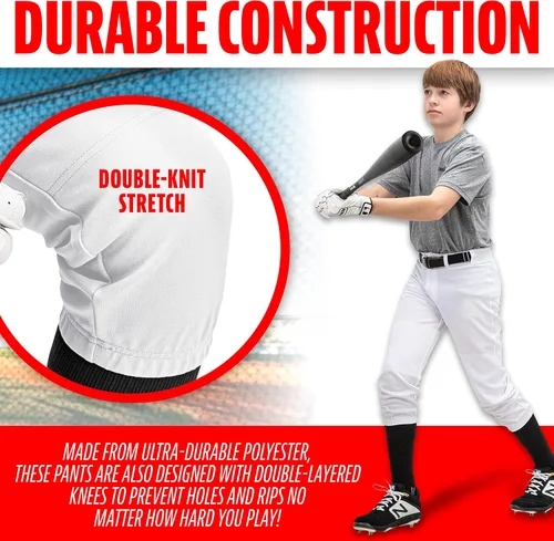 Vista 4 de Franklin Sports Pantalones de béisbol y sóftbol juveniles, hasta la rodilla + pantalones de béisbol de ajuste relajado para niños, color blanco