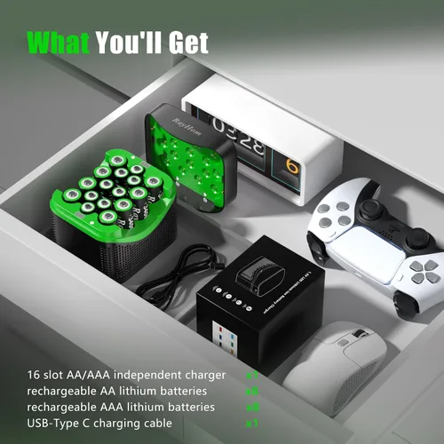 Vista 7 de Rechargeable 8AA and 8AAA Lithium Batteries with 16 Slot Li-ion Charger