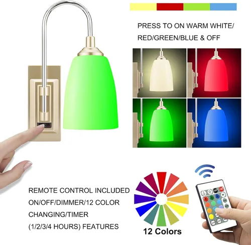 Vista 3 de HONWELL Lámpara de pared inalámbrica LED para interiores, 2 unidades, 2 unidades, control remoto, multicolor, lámpara de pared para iluminación