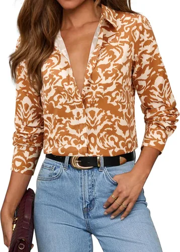 Vista 12 de siliteelon Camisas con botones para mujer, camisa de vestir de algodón de manga larga con cuello, camisa de negocios, trabajo, oficina, blusa