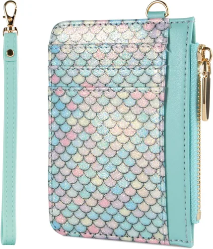 Vista 12 de Cartera pequeña de cuero con protección RFID de sirena para tarjetas de crédito, cartera delgada con correa para la muñeca con bolsillo