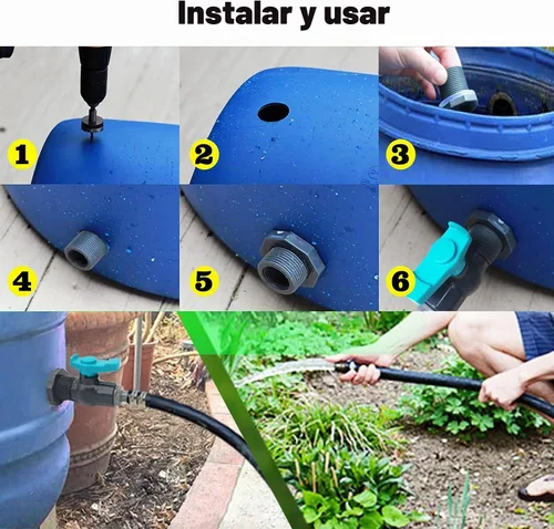 Vista 5 de Kit de espiga para barril de lluvia con una sierra de agujero que incluye una válvula de bola con rosca de sello de cinta de 1" (diámetro 32 mm)