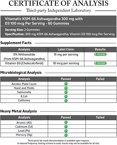 Vista 3 de Vitamatic KSM-66® Ashwagandha + D3 Gummies - Sabor natural de frambuesa azul - Sin azúcar, sin gluten, sin OMG - 60 gomitas