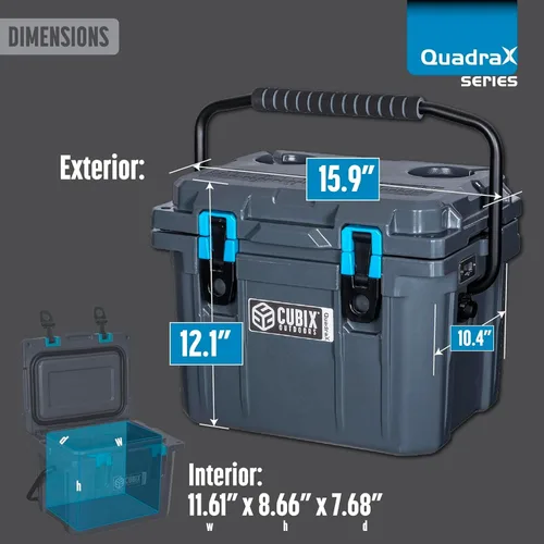 Vista 9 de Cubix Outdoors, Enfriador personal rotomoldeado QuadraX 10QT, hielera dura aislante portátil, retención de frío de 3 días, portaviandas Gris granito