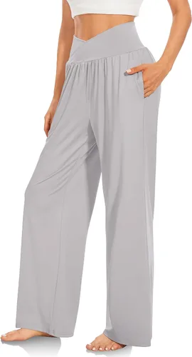 Vista 2 de TARSE Pantalones holgados casuales de pierna ancha para mujer, pantalones de yoga, cómodos, cruzados, de cintura alta, pantalones de pijama