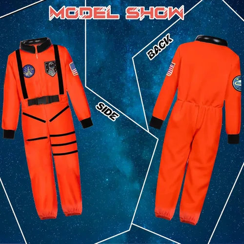 Vista 5 de Fooecor Disfraz de astronauta para niños, traje espacial de Halloween con mono y gorra incluidos (naranja)